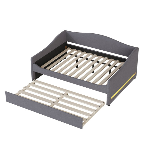 English Elm Teddy Full Size Upholstered Daybed with Twin Trundle, Teddy Fleece Upholstery, Modern Striped Accent Headboard and Sleepover-Friendly Design Gray SF000066AAE