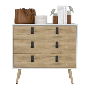English Elm Dresser Magness Modern White & Macadamia 3-Drawer Compact Engineered Wood with Metal Handles and Legs B092142845