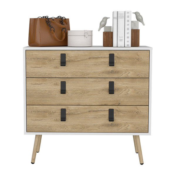 English Elm Dresser Magness Modern White & Macadamia 3-Drawer Compact Engineered Wood with Metal Handles and Legs B092142845