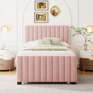 English Elm Twin Velvet Upholstered Platform Bed with Trundle — Space-Saving Sleepover Solution, Durable Design Pink SF000069AAH