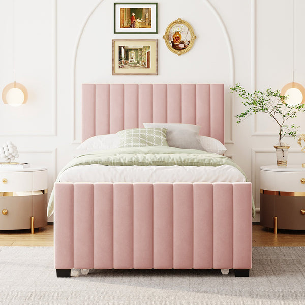 English Elm Twin Velvet Upholstered Platform Bed with Trundle — Space-Saving Sleepover Solution, Durable Design Pink SF000069AAH