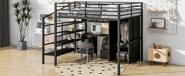 English Elm Metal Loft Bed with Desk, Wardrobe & Ladder Shelves Full Black — Space-Saving Study Loft, Sturdy Metal GX000634AAB