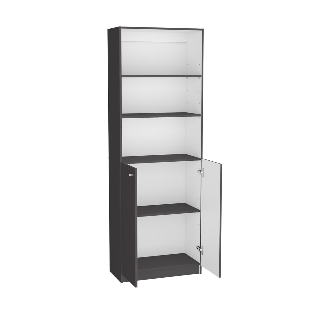 English Elm Bookcase Benzoni Dual-Door Matt Gray White — Engineered Wood Office Storage, Spacious Shelves Foldaway Elegance B092142827