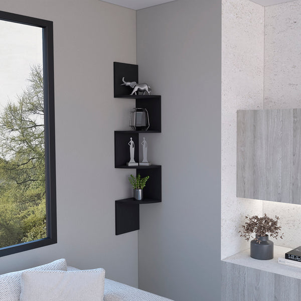 English Elm Shelf Crestone Wall-Mounted Black Engineered Wood Shelf with Four Spacious Display Shelves for Living Room Decor and Storage B092142847