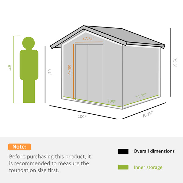English Elm 9' Outdoor Storage Shed 9' x 6' Green Steel Garden House with Foundation, 4 Vents, Sloped Roof, Wide Doors W2225S00066