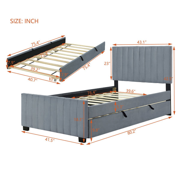 English Elm Twin Velvet Upholstered Platform Bed with Trundle — Space-Saving Sleepover Solution, Durable Design Gray SF000069AAE