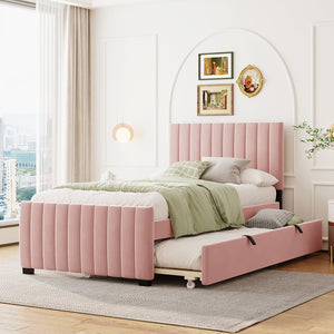 English Elm Twin Velvet Upholstered Platform Bed with Trundle — Space-Saving Sleepover Solution, Durable Design Pink SF000069AAH
