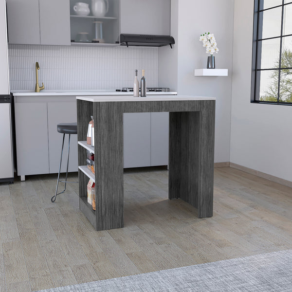 English Elm Kitchen Island Doyle Smoky Oak with Ibiza Marble Top, Compact Prep Table w/ 3 Shelves, Engineered Wood B092142834