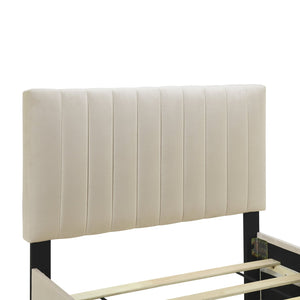 English Elm Twin Velvet Upholstered Platform Bed with Trundle — Space-Saving Sleepover Solution, Durable Design Beige SF000069AAA