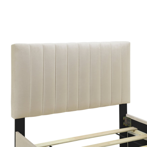 English Elm Twin Velvet Upholstered Platform Bed with Trundle — Space-Saving Sleepover Solution, Durable Design Beige SF000069AAA