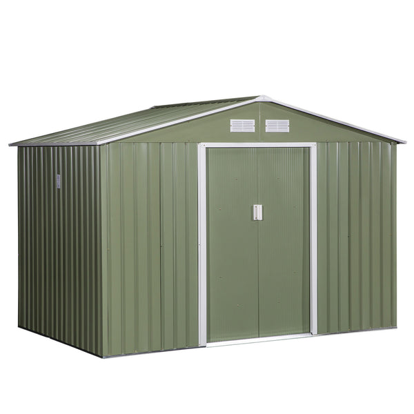 English Elm 9' Outdoor Storage Shed 9' x 6' Green Steel Garden House with Foundation, 4 Vents, Sloped Roof, Wide Doors W2225S00066