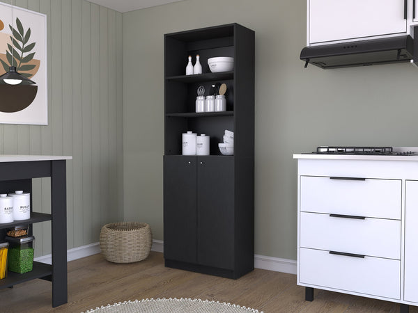 English Elm Bookcase Benzoni Dual-Door Black – Engineered Wood Office Storage with Concealed Shelves & Open Tiers B092142814