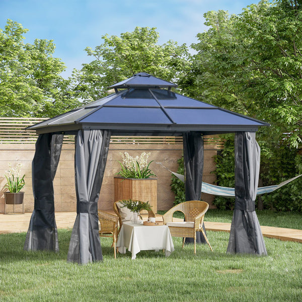 English Elm 10' X 10' Hardtop Gazebo Canopy - Stylish Aluminum Frame Pavilion With Double Roof & Mesh Curtains W2225S00034