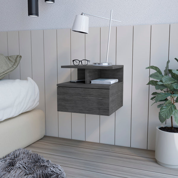 English Elm Nightstand Floating Flopini Smokey Oak – Wall-Mounted Engineered Wood Nightstand with Drawer, Space-Saving Shelf and Modern Gray Finish B092142831