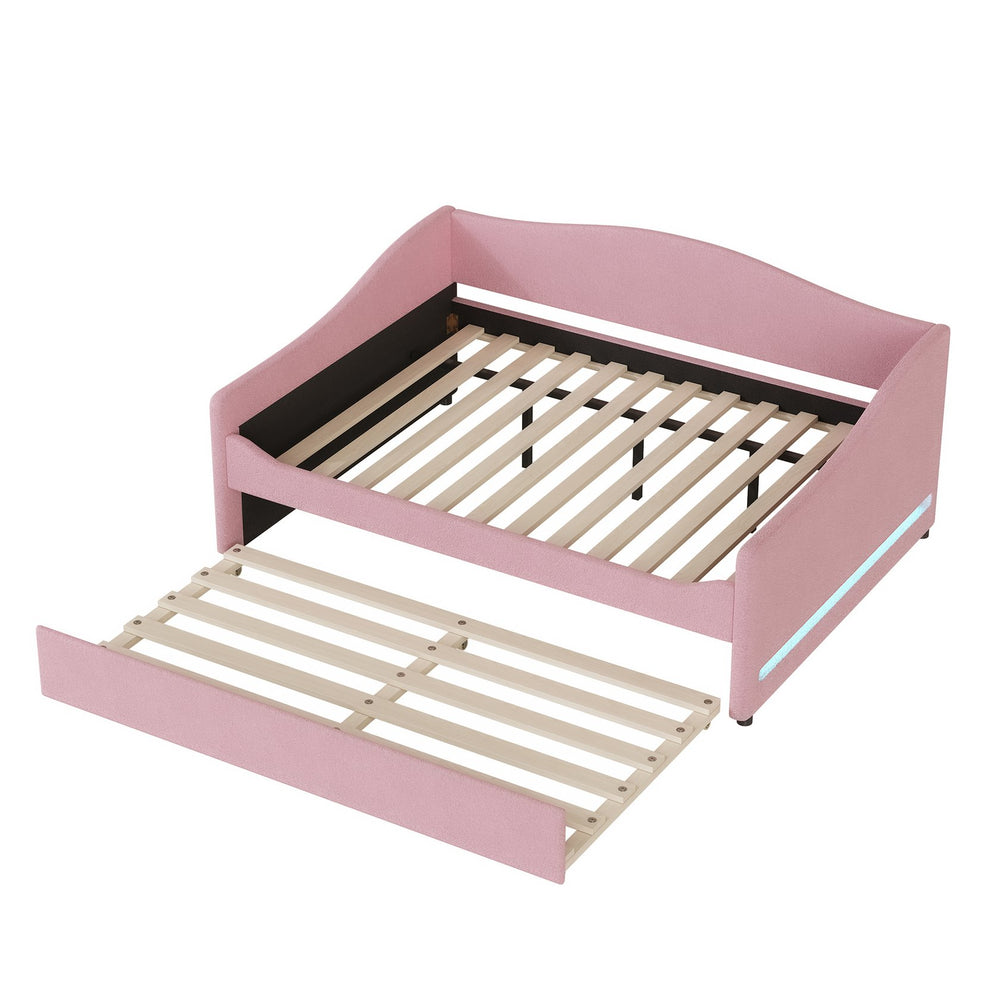 English Elm Teddy Full Size Upholstered Daybed with Twin Trundle, Teddy Fleece Upholstery, Modern Striped Accent Headboard and Sleepover-Friendly Design Pink SF000066AAH