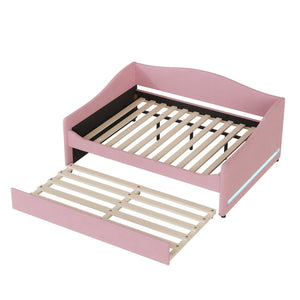 English Elm Teddy Full Size Upholstered Daybed with Twin Trundle, Teddy Fleece Upholstery, Modern Striped Accent Headboard and Sleepover-Friendly Design Pink SF000066AAH