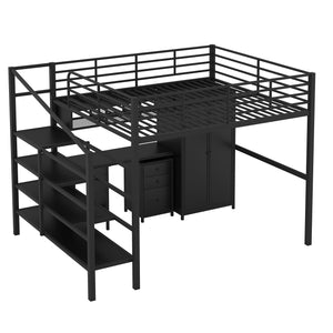 English Elm Metal Loft Bed with Desk, Wardrobe & Ladder Shelves Full Black — Space-Saving Study Loft, Sturdy Metal GX000634AAB