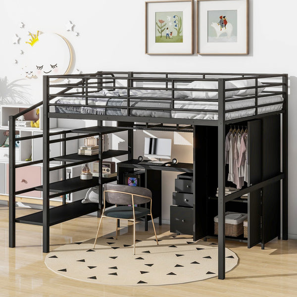 English Elm Metal Loft Bed with Desk, Wardrobe & Ladder Shelves Full Black — Space-Saving Study Loft, Sturdy Metal GX000634AAB
