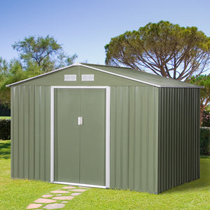 English Elm 9' Outdoor Storage Shed 9' x 6' Green Steel Garden House with Foundation, 4 Vents, Sloped Roof, Wide Doors W2225S00066