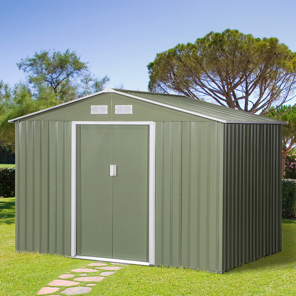 English Elm 9' Outdoor Storage Shed 9' x 6' Green Steel Garden House with Foundation, 4 Vents, Sloped Roof, Wide Doors W2225S00066