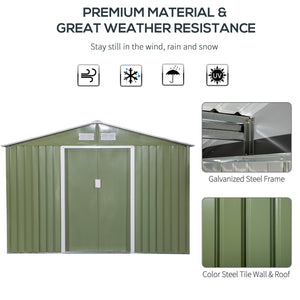 English Elm 9' Outdoor Storage Shed 9' x 6' Green Steel Garden House with Foundation, 4 Vents, Sloped Roof, Wide Doors W2225S00066