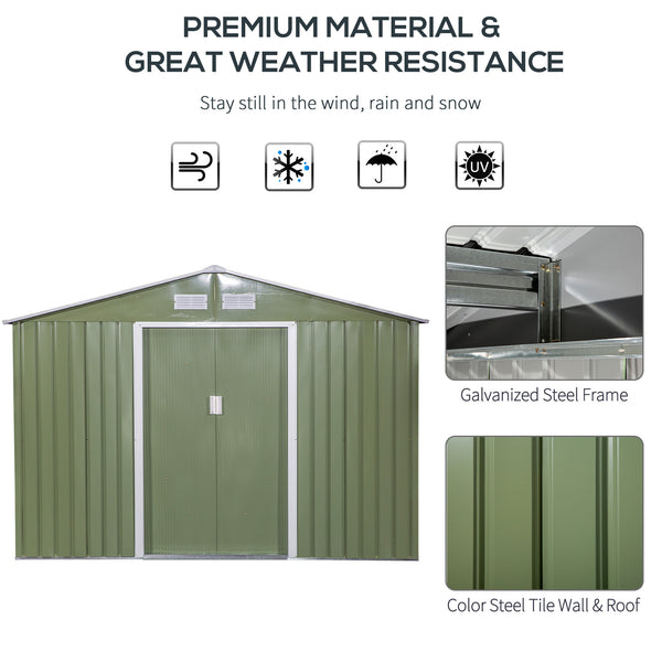 English Elm 9' Outdoor Storage Shed 9' x 6' Green Steel Garden House with Foundation, 4 Vents, Sloped Roof, Wide Doors W2225S00066