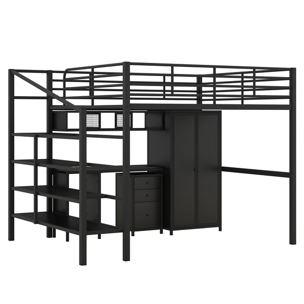 English Elm Metal Loft Bed with Desk, Wardrobe & Ladder Shelves Full Black — Space-Saving Study Loft, Sturdy Metal GX000634AAB