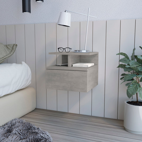 English Elm Nightstand Floating Flopini Concrete Gray — Wall-Mounted Engineered Wood, Drawer & 14" Shelf Space B092142830