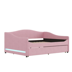 English Elm Teddy Full Size Upholstered Daybed with Twin Trundle, Teddy Fleece Upholstery, Modern Striped Accent Headboard and Sleepover-Friendly Design Pink SF000066AAH