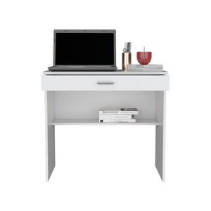 English Elm Desk Eden White Engineered Wood Office Desk with Spacious 27.8"W x13.2"D Drawer, Two-Leg Stable Design B092142855