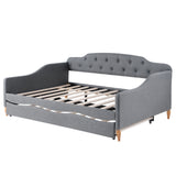 Patterson Full Size Upholstered Daybed with Button Tufted Backrest, Nailhead Trim and Trundle, Grey
