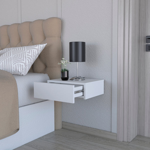 English Elm Nightstand Isola Wall-Mounted White — Floating Engineered Wood Nightstand with Deep Drawer, Space-Saving Design B092142816