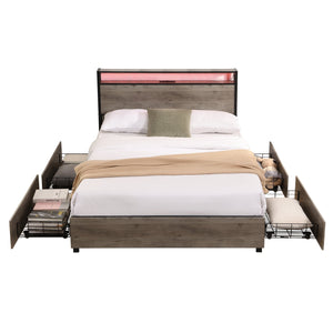 English Elm Full Bed Frame with Storage Headboard, USB Charging, RGB LED App Control, 4 Drawers, Sturdy Noise-Free W2129127798