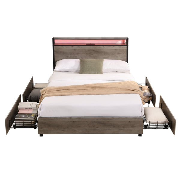 English Elm Full Bed Frame with Storage Headboard, USB Charging, RGB LED App Control, 4 Drawers, Sturdy Noise-Free W2129127798