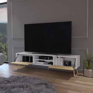 English Elm Tv Stand A Magness Modern Two-Tone White & Macadamia TV Console with Open Shelves, Cabinets, Stable Legs B092142843