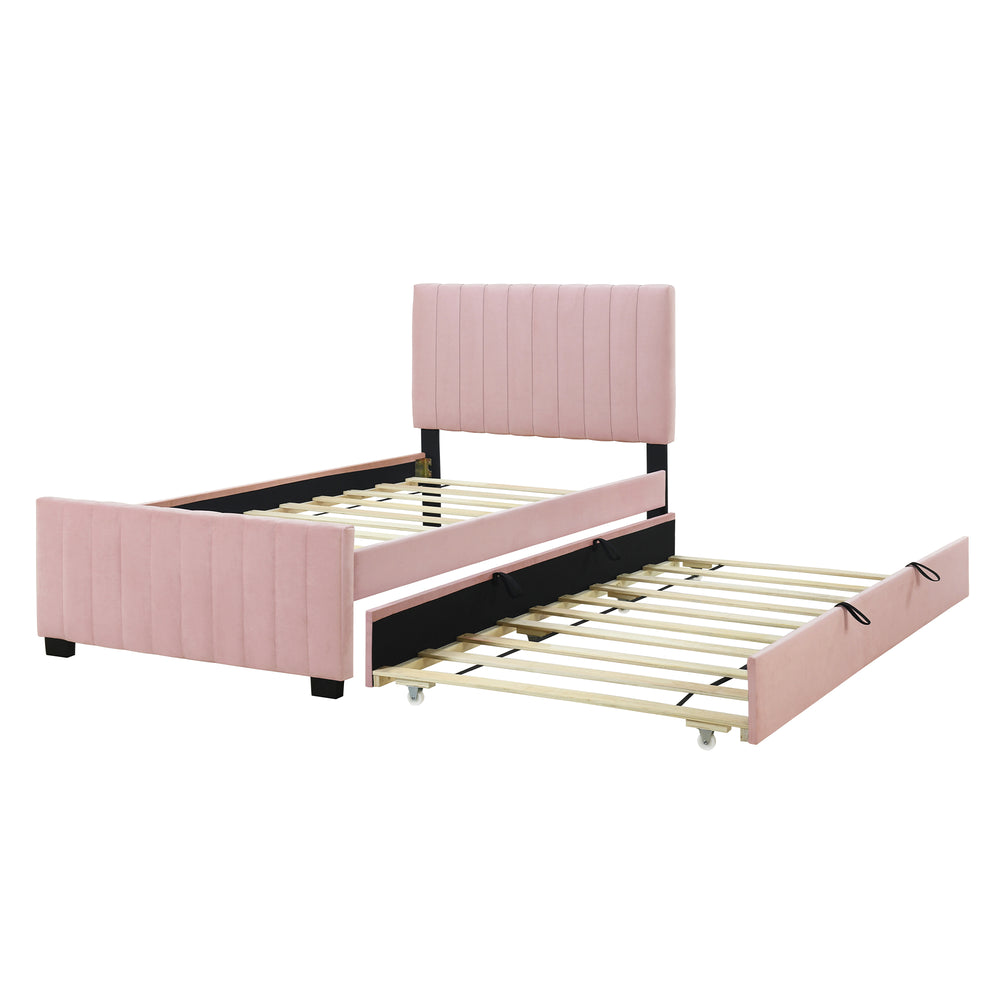English Elm Twin Velvet Upholstered Platform Bed with Trundle — Space-Saving Sleepover Solution, Durable Design Pink SF000069AAH
