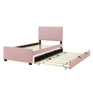 English Elm Twin Velvet Upholstered Platform Bed with Trundle — Space-Saving Sleepover Solution, Durable Design Pink SF000069AAH