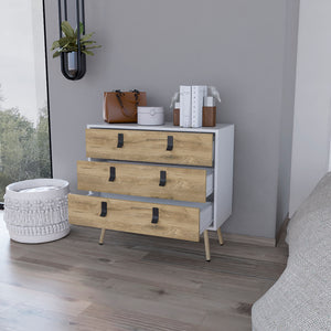 English Elm Dresser Magness Modern White & Macadamia 3-Drawer Compact Engineered Wood with Metal Handles and Legs B092142845
