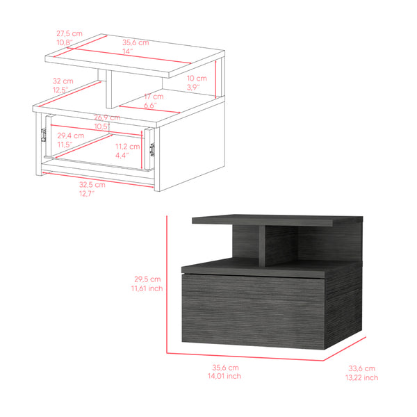 English Elm Nightstand Floating Flopini Smokey Oak – Wall-Mounted Engineered Wood Nightstand with Drawer, Space-Saving Shelf and Modern Gray Finish B092142831