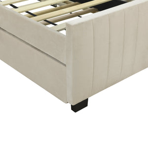 English Elm Twin Velvet Upholstered Platform Bed with Trundle — Space-Saving Sleepover Solution, Durable Design Beige SF000069AAA