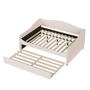 English Elm Teddy Full Size Upholstered Daybed with Twin Trundle, Teddy Fleece Upholstery, Modern Striped Accent Headboard and Sleepover-Friendly Design Beige SF000066AAA