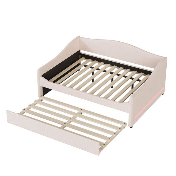 English Elm Teddy Full Size Upholstered Daybed with Twin Trundle, Teddy Fleece Upholstery, Modern Striped Accent Headboard and Sleepover-Friendly Design Beige SF000066AAA