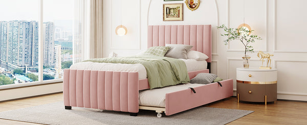 English Elm Twin Velvet Upholstered Platform Bed with Trundle — Space-Saving Sleepover Solution, Durable Design Pink SF000069AAH