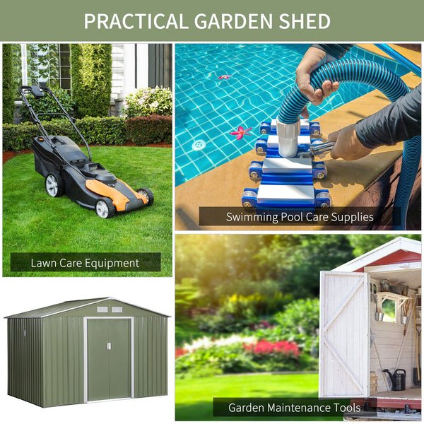 English Elm 9' Outdoor Storage Shed 9' x 6' Green Steel Garden House with Foundation, 4 Vents, Sloped Roof, Wide Doors W2225S00066
