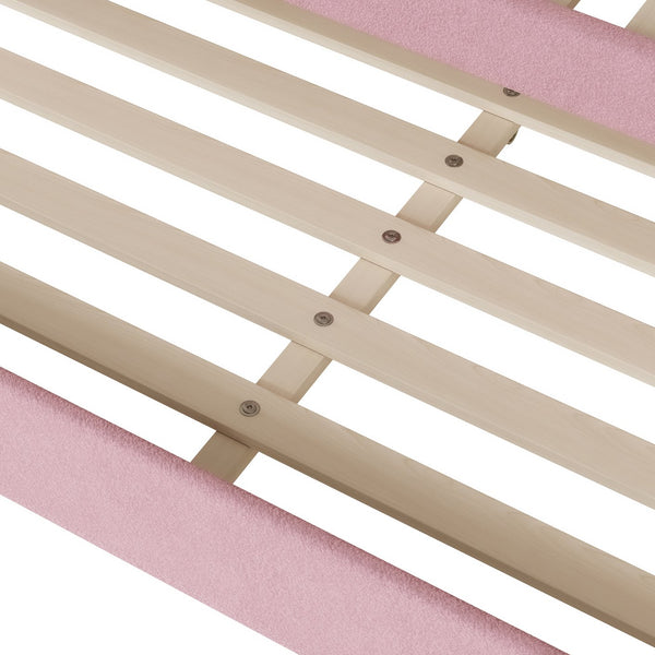 English Elm Teddy Full Size Upholstered Daybed with Twin Trundle, Teddy Fleece Upholstery, Modern Striped Accent Headboard and Sleepover-Friendly Design Pink SF000066AAH