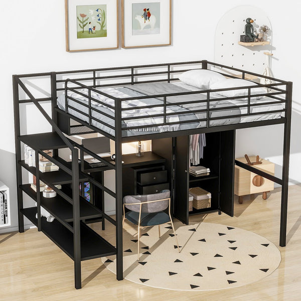 English Elm Metal Loft Bed with Desk, Wardrobe & Ladder Shelves Full Black — Space-Saving Study Loft, Sturdy Metal GX000634AAB