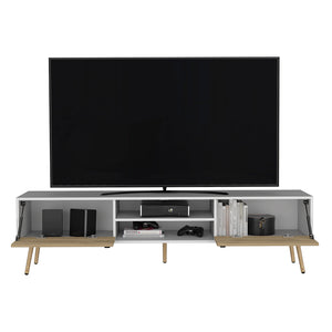 English Elm Tv Stand A Magness Modern Two-Tone White & Macadamia TV Console with Open Shelves, Cabinets, Stable Legs B092142843