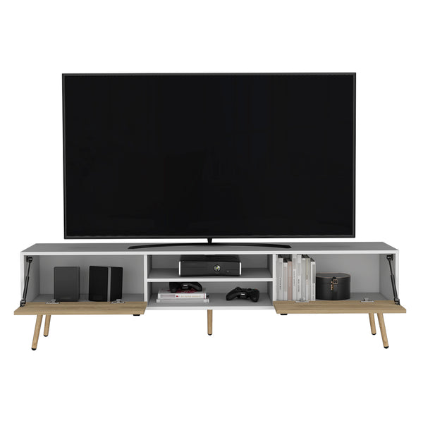 English Elm Tv Stand A Magness Modern Two-Tone White & Macadamia TV Console with Open Shelves, Cabinets, Stable Legs B092142843