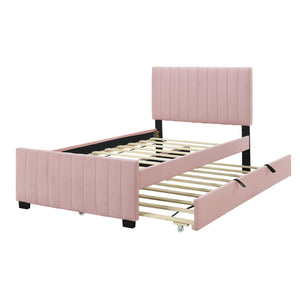 English Elm Twin Velvet Upholstered Platform Bed with Trundle — Space-Saving Sleepover Solution, Durable Design Pink SF000069AAH