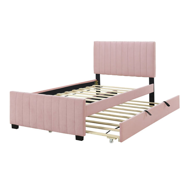 English Elm Twin Velvet Upholstered Platform Bed with Trundle — Space-Saving Sleepover Solution, Durable Design Pink SF000069AAH